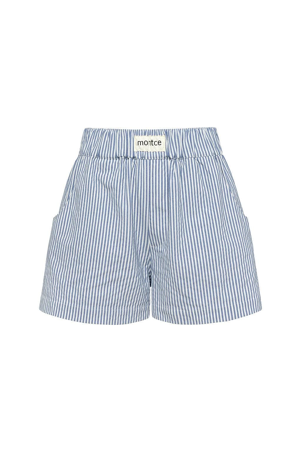 Blue and white striped boxer short with elastic waistband and brand label at center front.