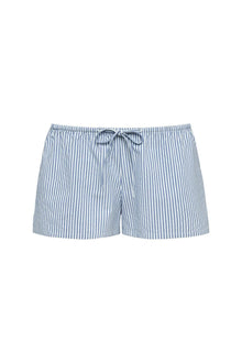 Blue and white striped low-rise shorts with drawstring waist and elastic trim.