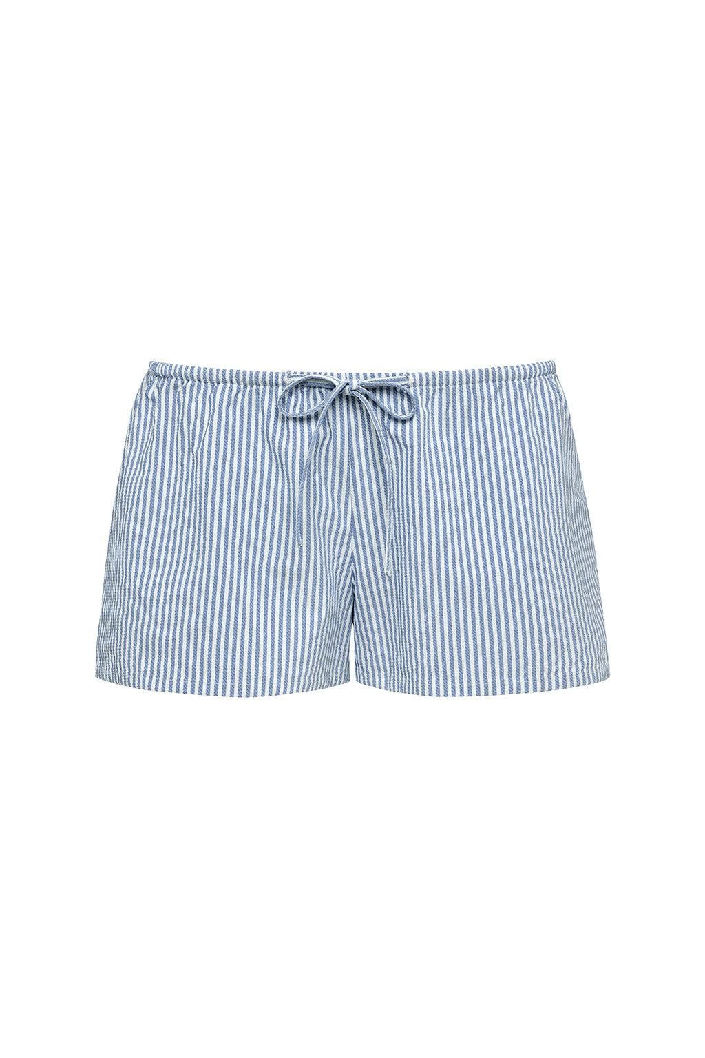 Blue and white striped low-rise shorts with drawstring waist and elastic trim.