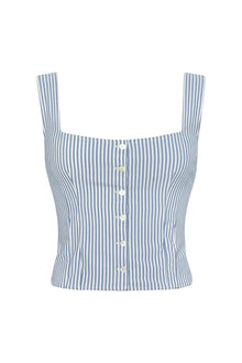Blue and white striped sleeveless top with square neckline and front button closure.