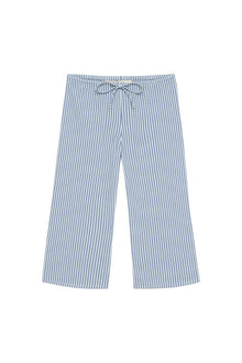 Blue and white striped mini drawstring pant with elastic waistband and adjustable tie.