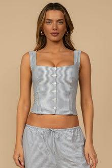 Blue and white striped sleeveless tank top with square neckline and white button front closure.