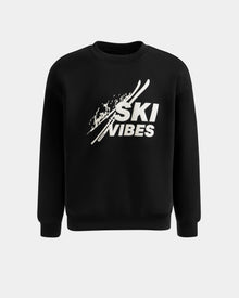 The Rudsak COLSON - M525501 Black men’s crewneck sweatshirt features premium cotton-blend fleece and a front white graphic of ski poles, splashes, and the bold SKI VIBES logo.
