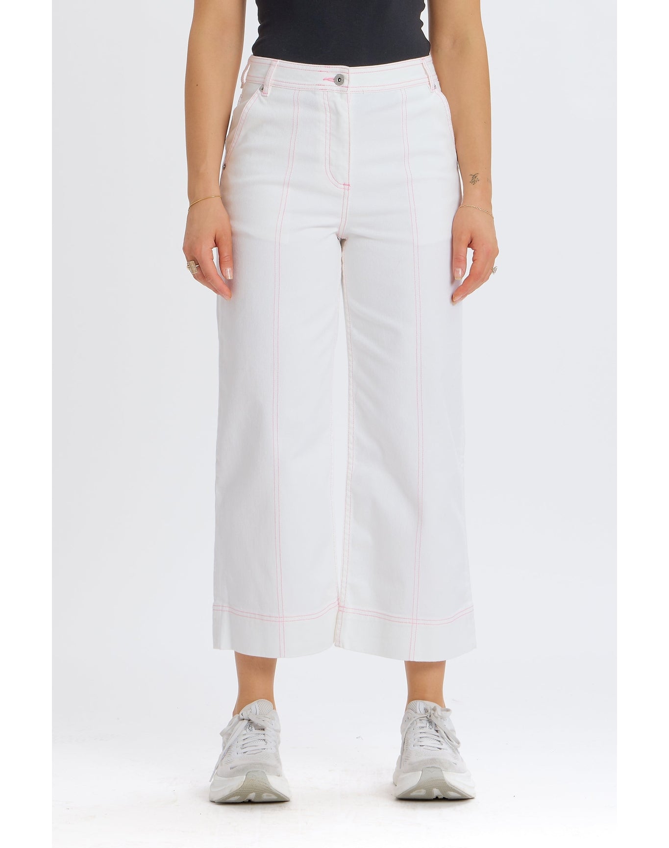 Contrast Stitch Cropped Wide Leg Denim | White