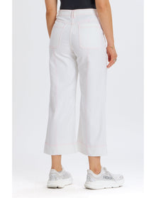 Contrast Stitch Cropped Wide Leg Denim | White
