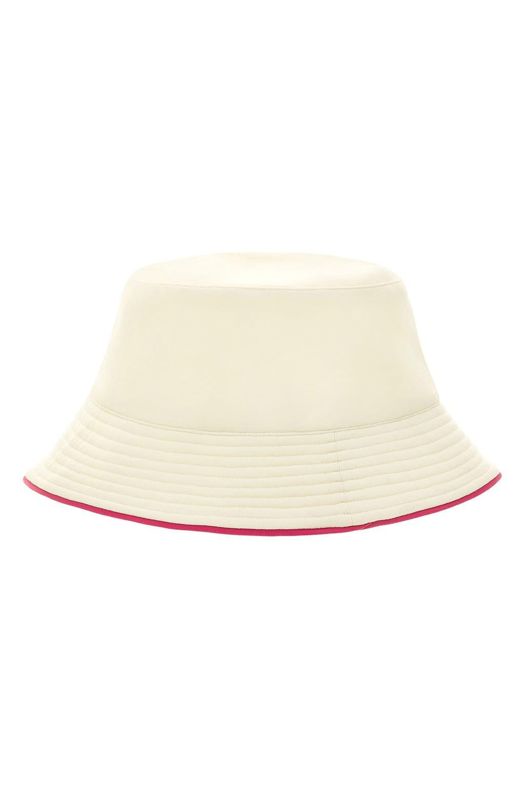 Cream bucket hat with raspberry pink binding along the brim and horizontal stitched details on the lower crown.