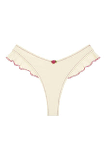 Cream bikini bottom with raspberry-colored binding trim on leg openings and center front detail.