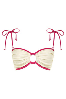 Cream and raspberry bandeau bikini top with ruched fabric, center cutout, and raspberry tie shoulder straps.