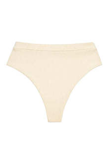 Cream ribbed bikini bottom with high-waisted cut and vertical rib texture throughout.