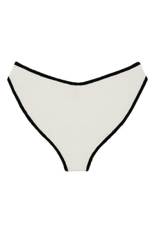 Cream bikini bottom with black binding along edges and leg openings.