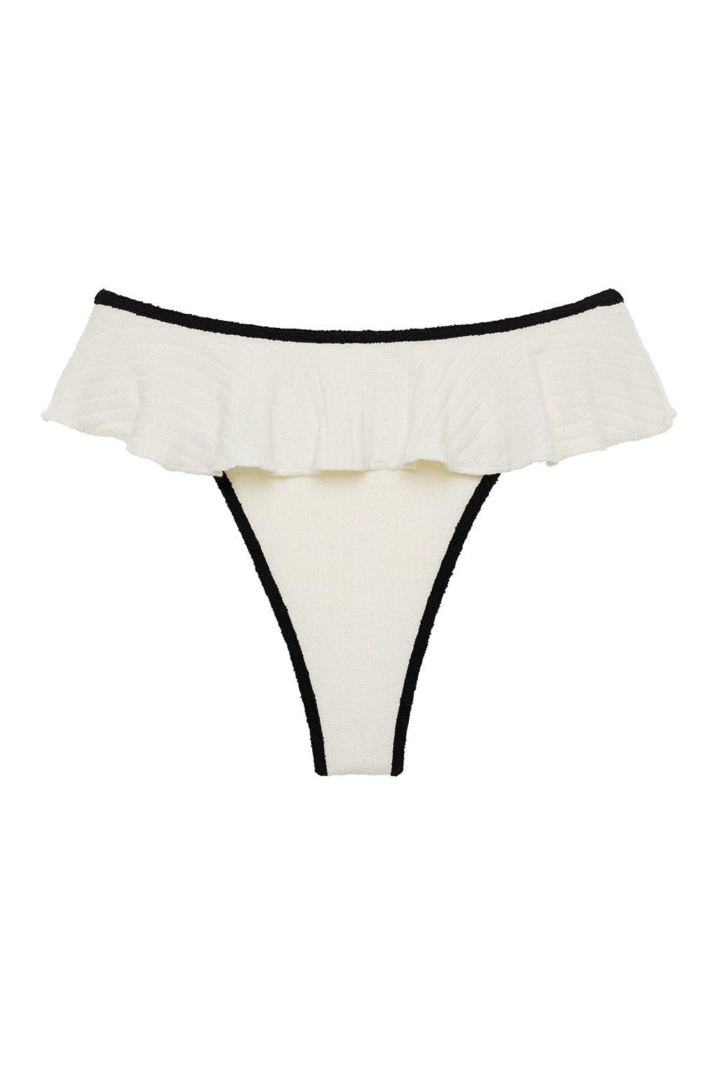 Cream bikini bottom with black binding and ruffled overlay at waistband.