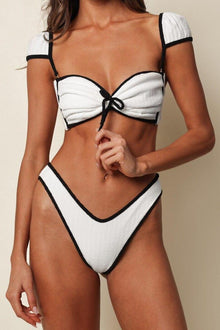 Thong Bikini Bottom | Cream Black Binded Terry Rib