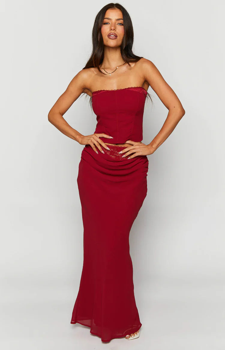 Crimson Rose Lace Maxi Skirt | Red
