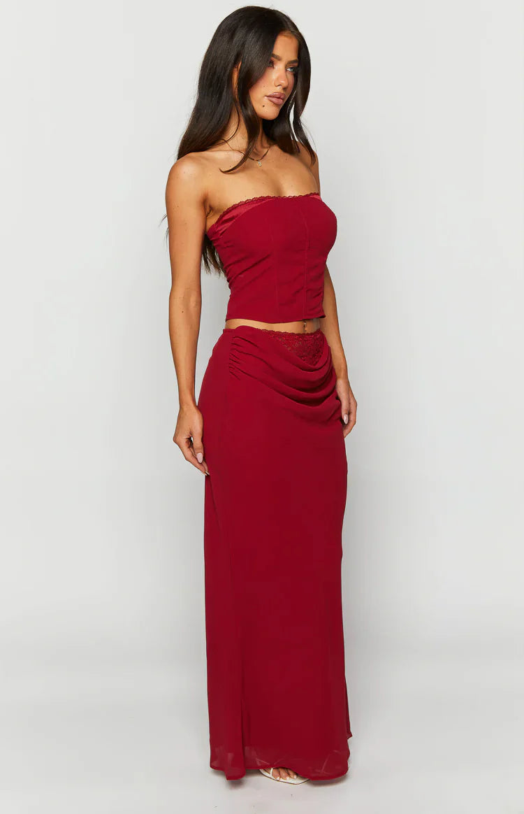 Crimson Rose Lace Maxi Skirt | Red