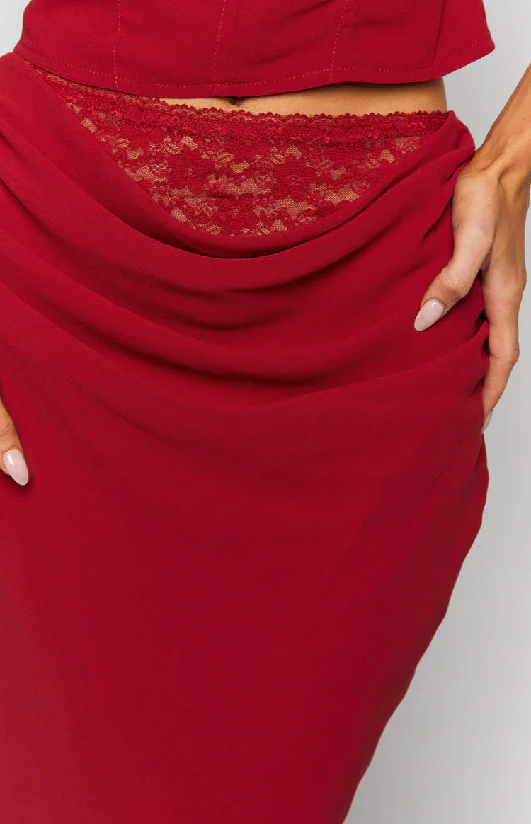 Crimson Rose Lace Maxi Skirt | Red