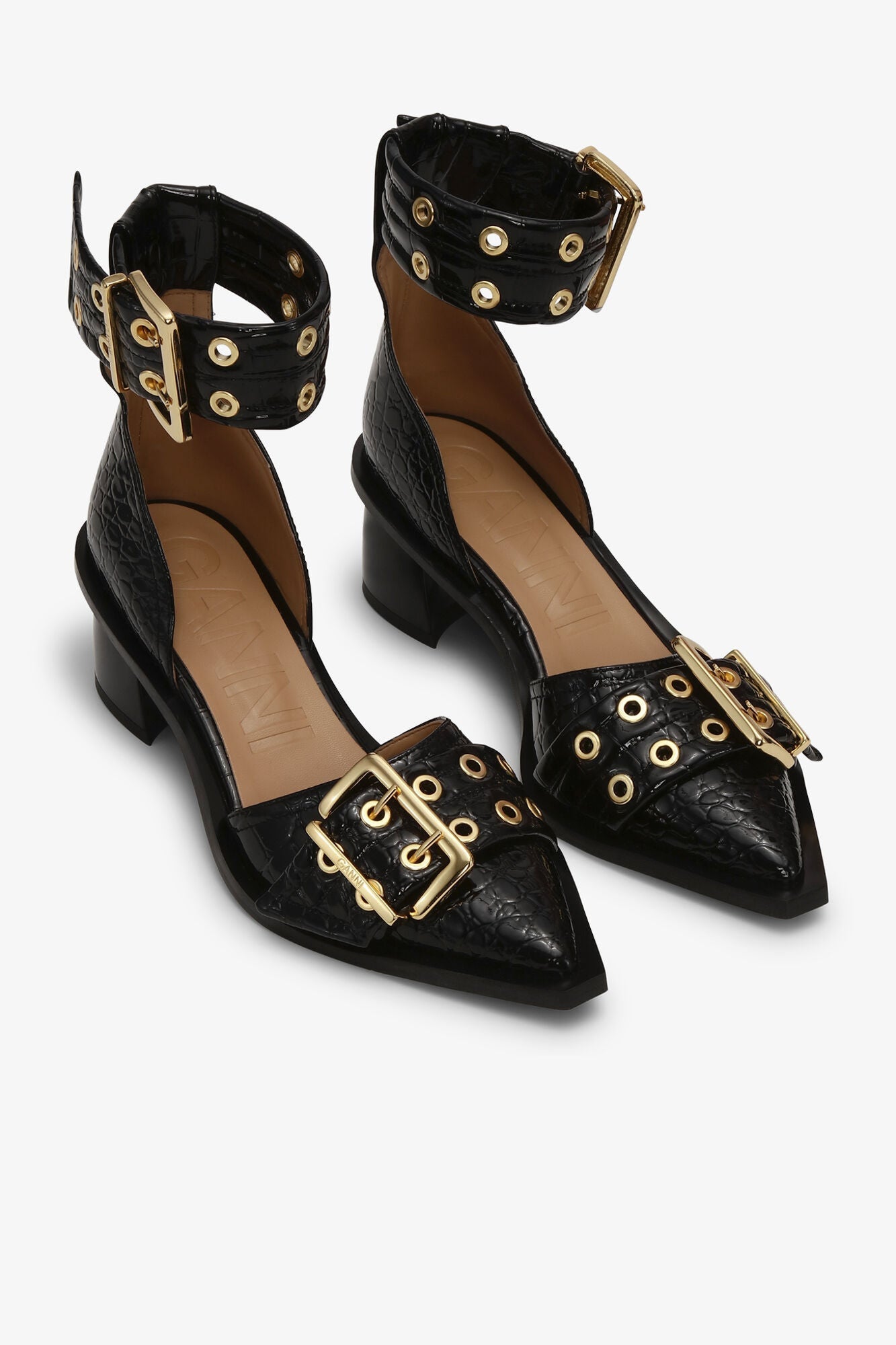 Croco Patent Feminine Buckle Open Cut Pumps | Black