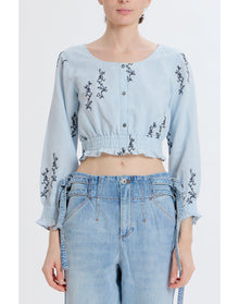 Cropped Embroidered Long Sleeve Top | Blue Combo