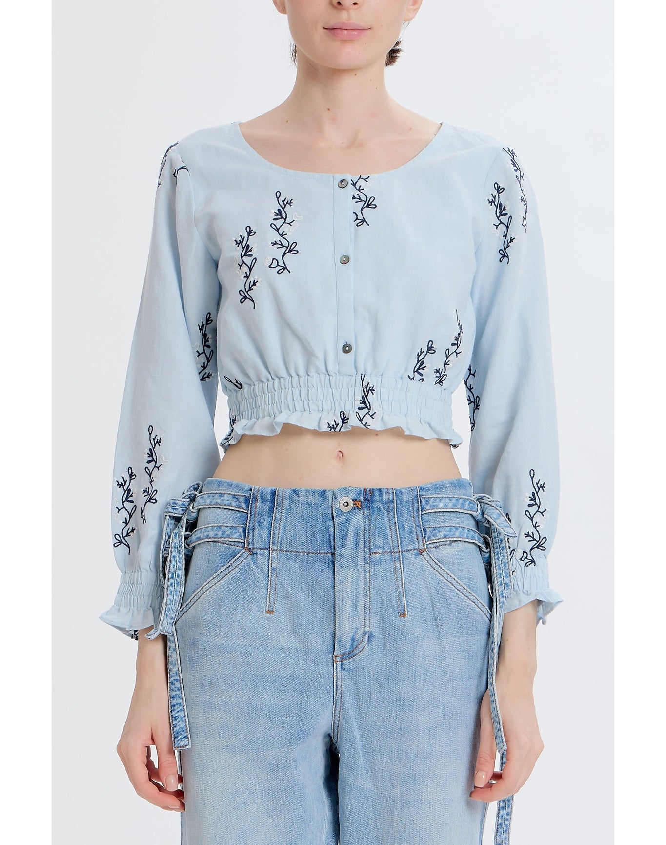 Cropped Embroidered Long Sleeve Top | Blue Combo