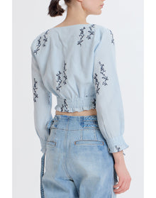 Cropped Embroidered Long Sleeve Top | Blue Combo