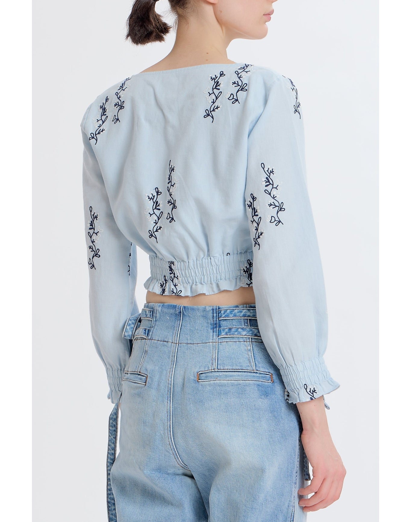 Cropped Embroidered Long Sleeve Top | Blue Combo