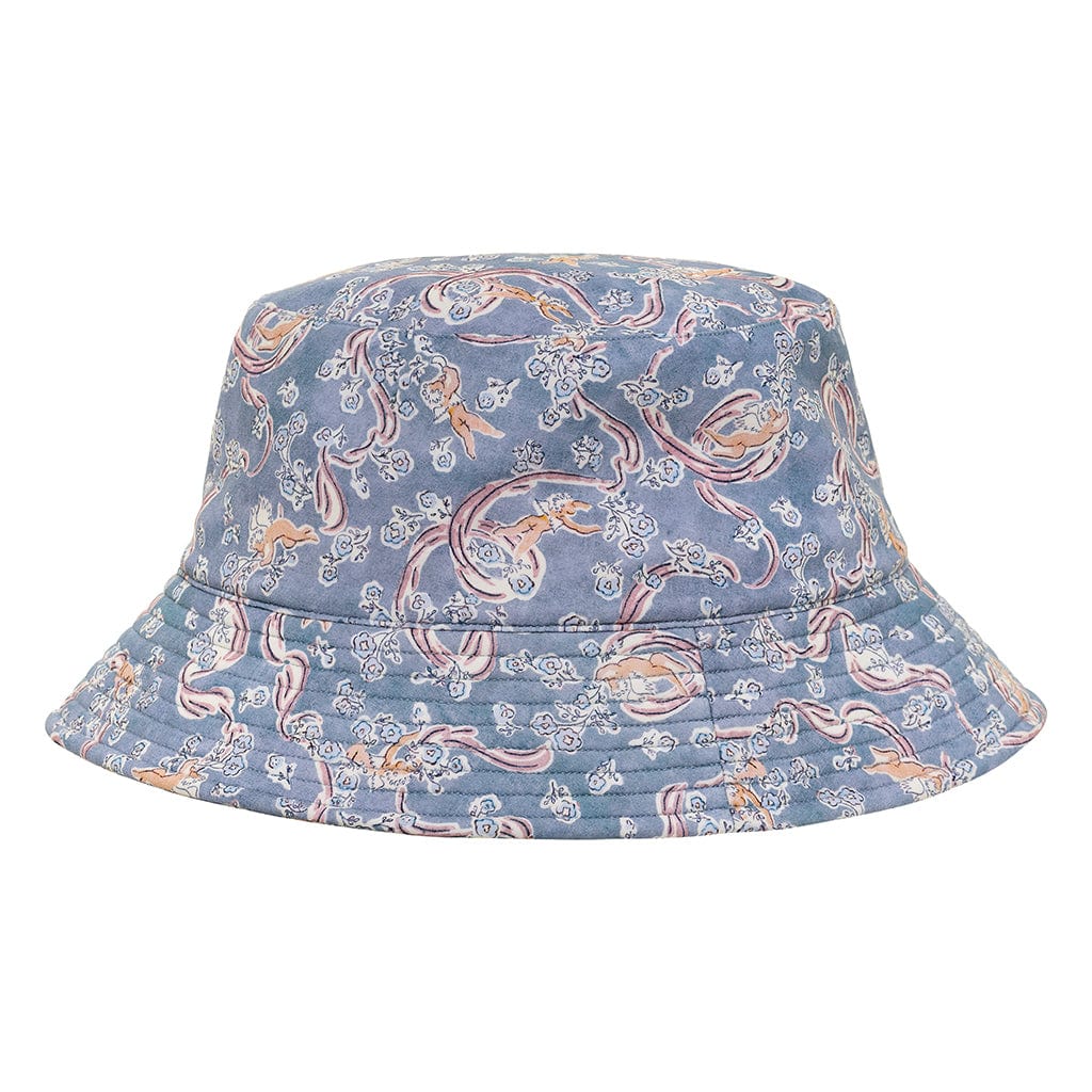 Blue bucket hat with white and peach cupid and floral print throughout.