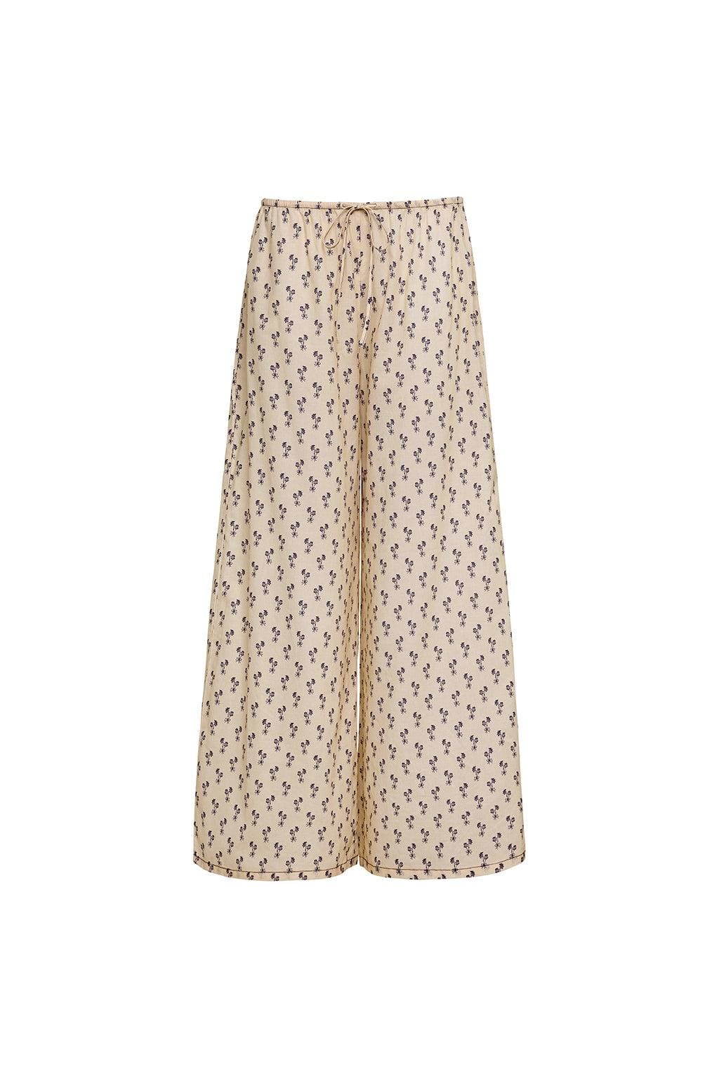 Beige wide-leg pants with small floral print and drawstring waist.
