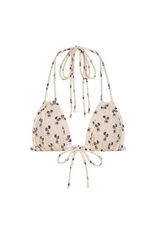 Cream bikini top with navy floral print and adjustable tie straps with matching print detail.