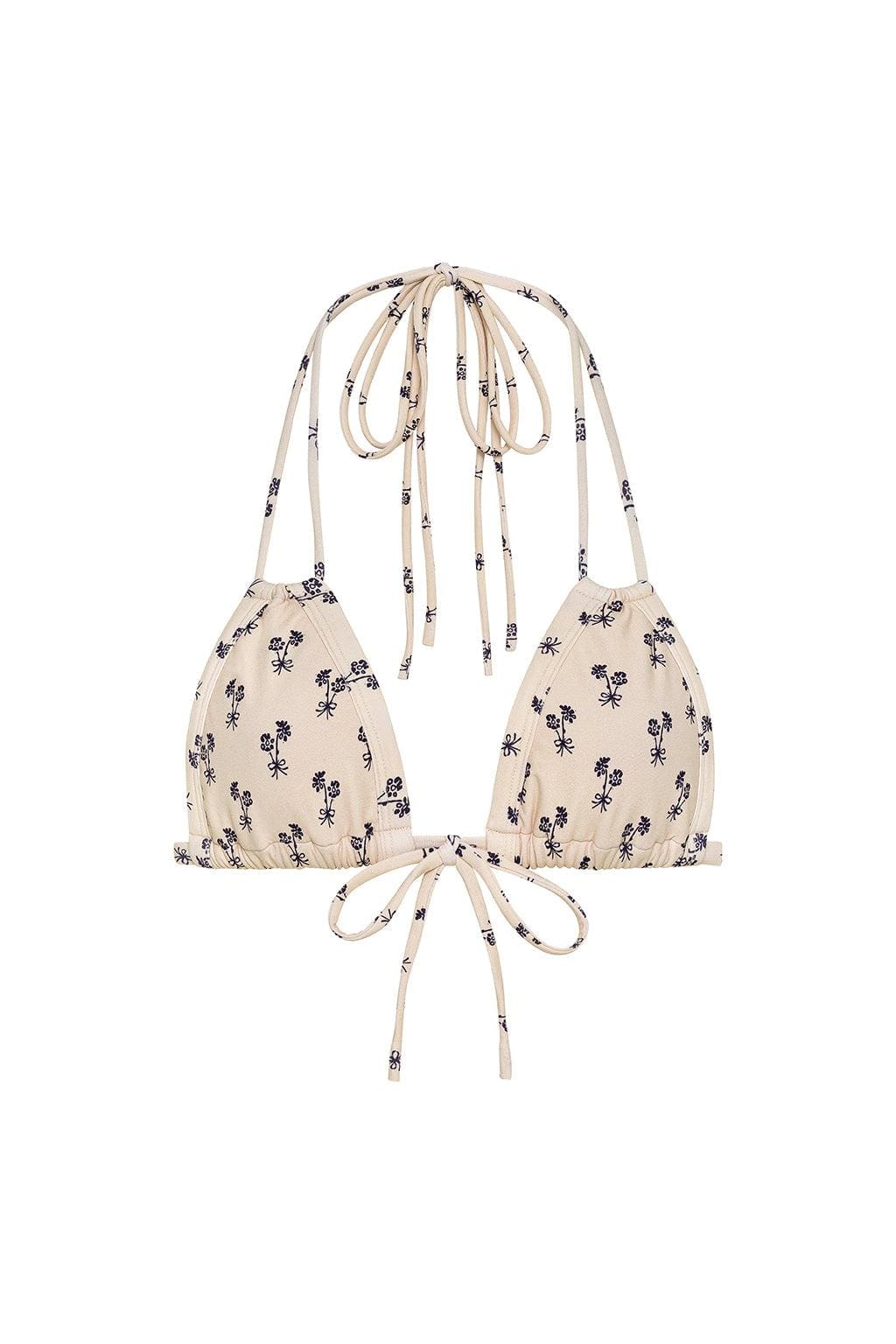 Cream bikini top with navy floral print and adjustable tie straps with matching print detail.