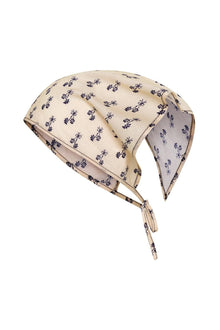 Cream and navy floral tie-up scarf with small scattered flower motifs and adjustable drawstring fastening.