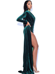 Zenaida Emerald Cutout High Slit Velvet Gown | Green