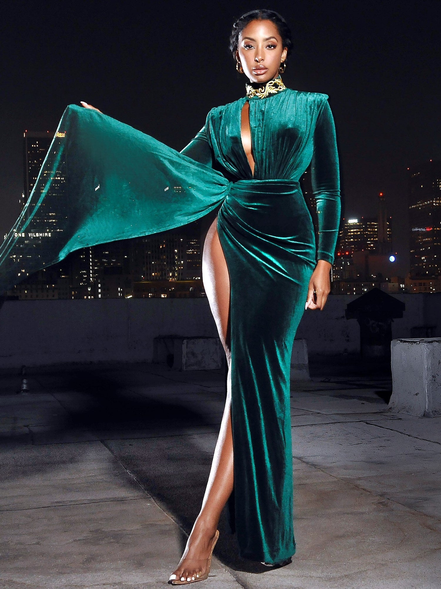 Zenaida Emerald Cutout High Slit Velvet Gown | Green