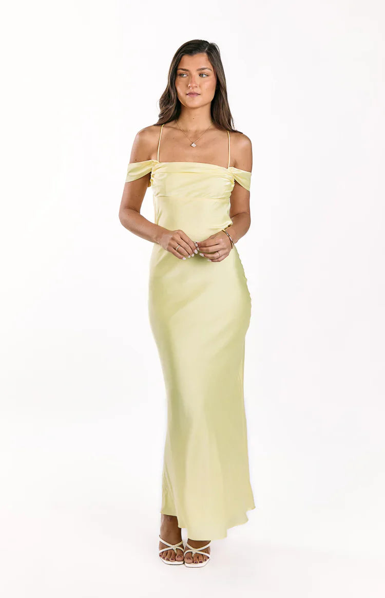 Danni Tie Off Shoulder Formal Maxi Dress | Light Yellow