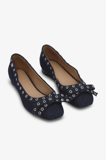 Denim Eyelet Bow Ballerinas | Dark Navy