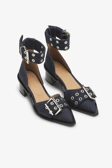 Denim Feminine Buckle Open Cut Pumps | Dark Navy
