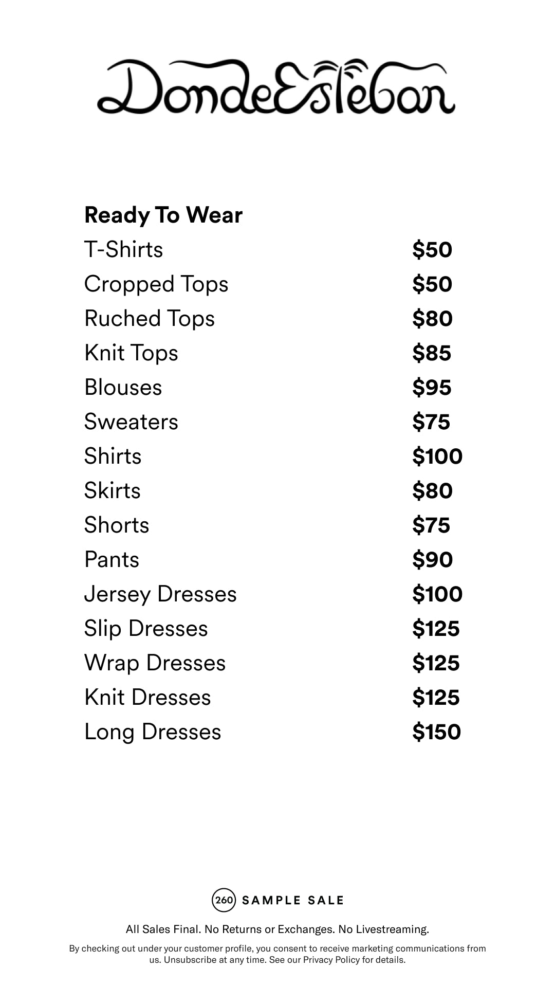 Price table