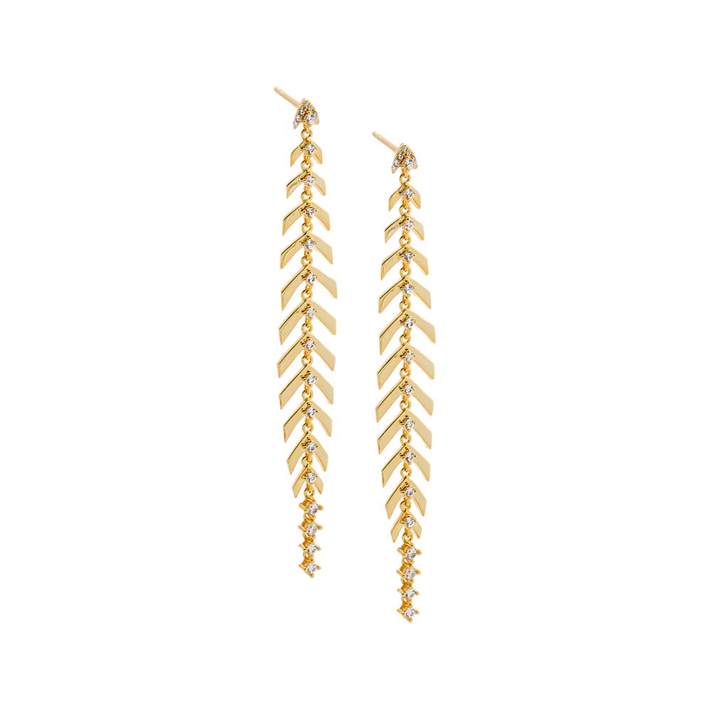 Gold Colored Fishbone Long Drop Stud Earring - Adina's Jewels