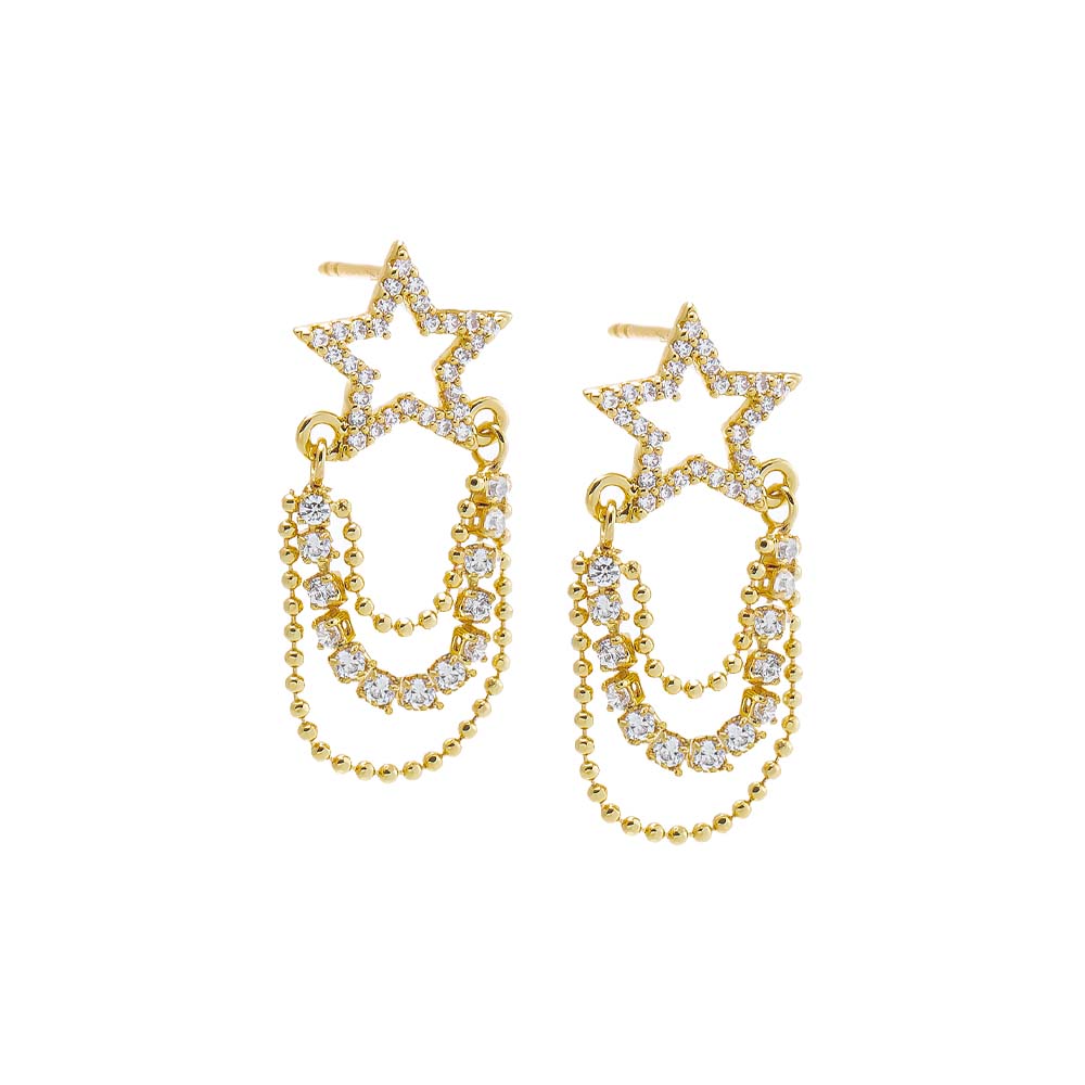 Gold Pave Cutout Star Drop Tennis & Chain Stud Earring - Adina's Jewels
