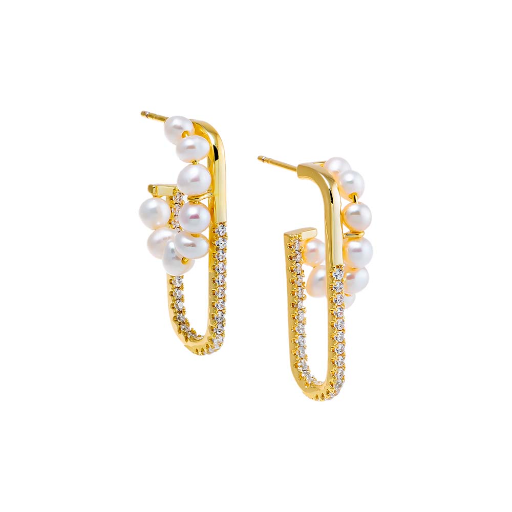 Pearl White Pave Paperclip & Pearl Open Hoop Earring - Adina's Jewels