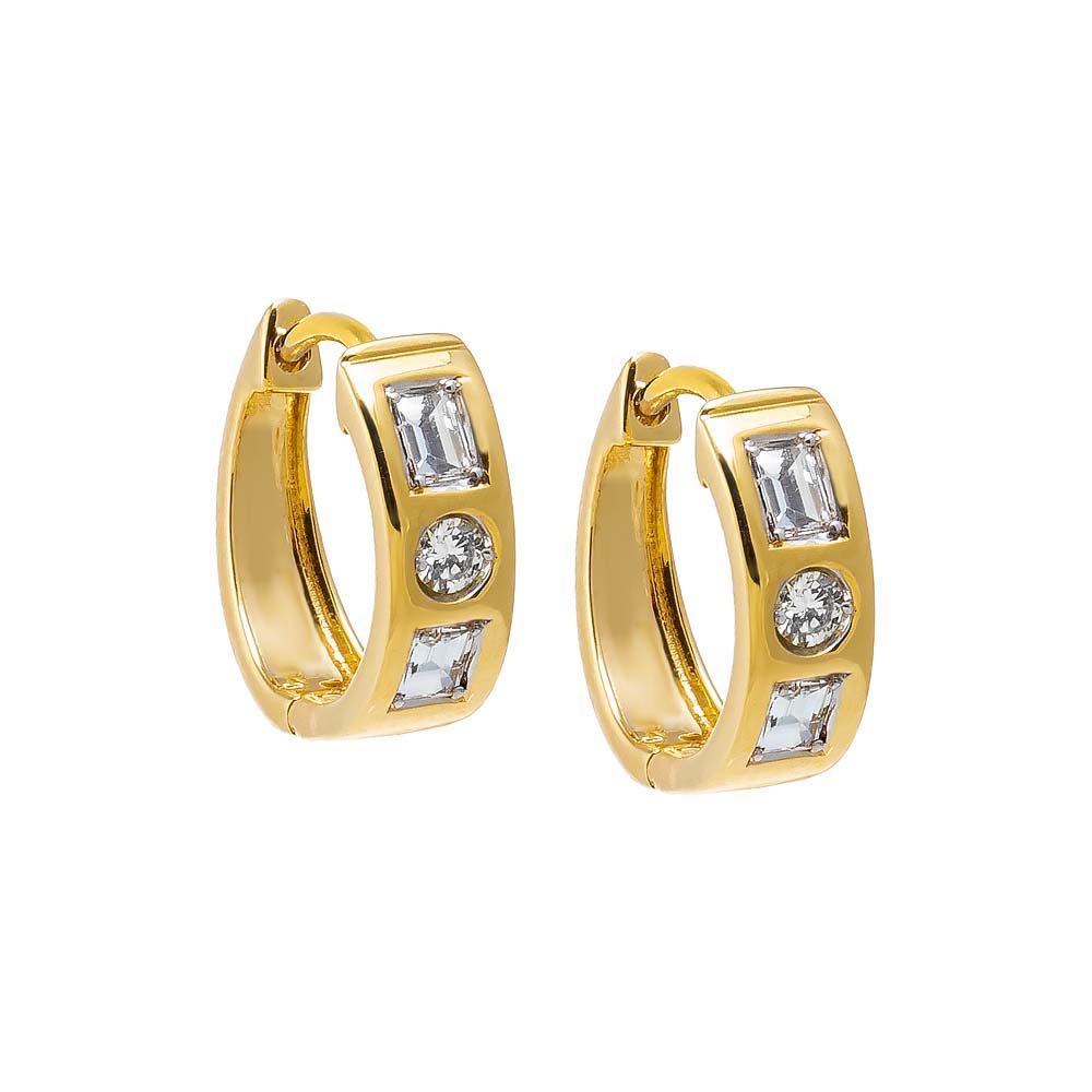 14K Gold Lab Grown Diamond Solitaire X Emerald Embedded Wide Huggie Earring 14K - Adina's Jewels