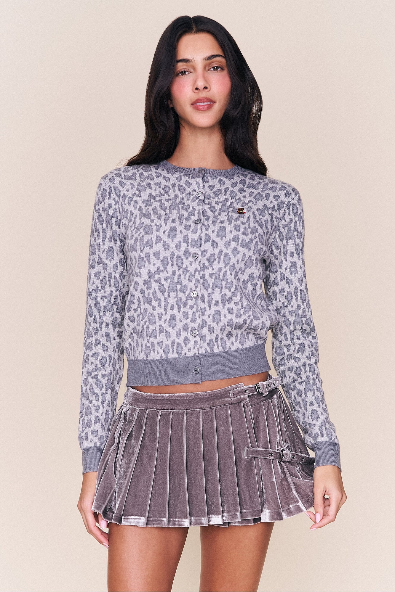 Womens | June Relaxed Wool Cardigan | Grey Leopard