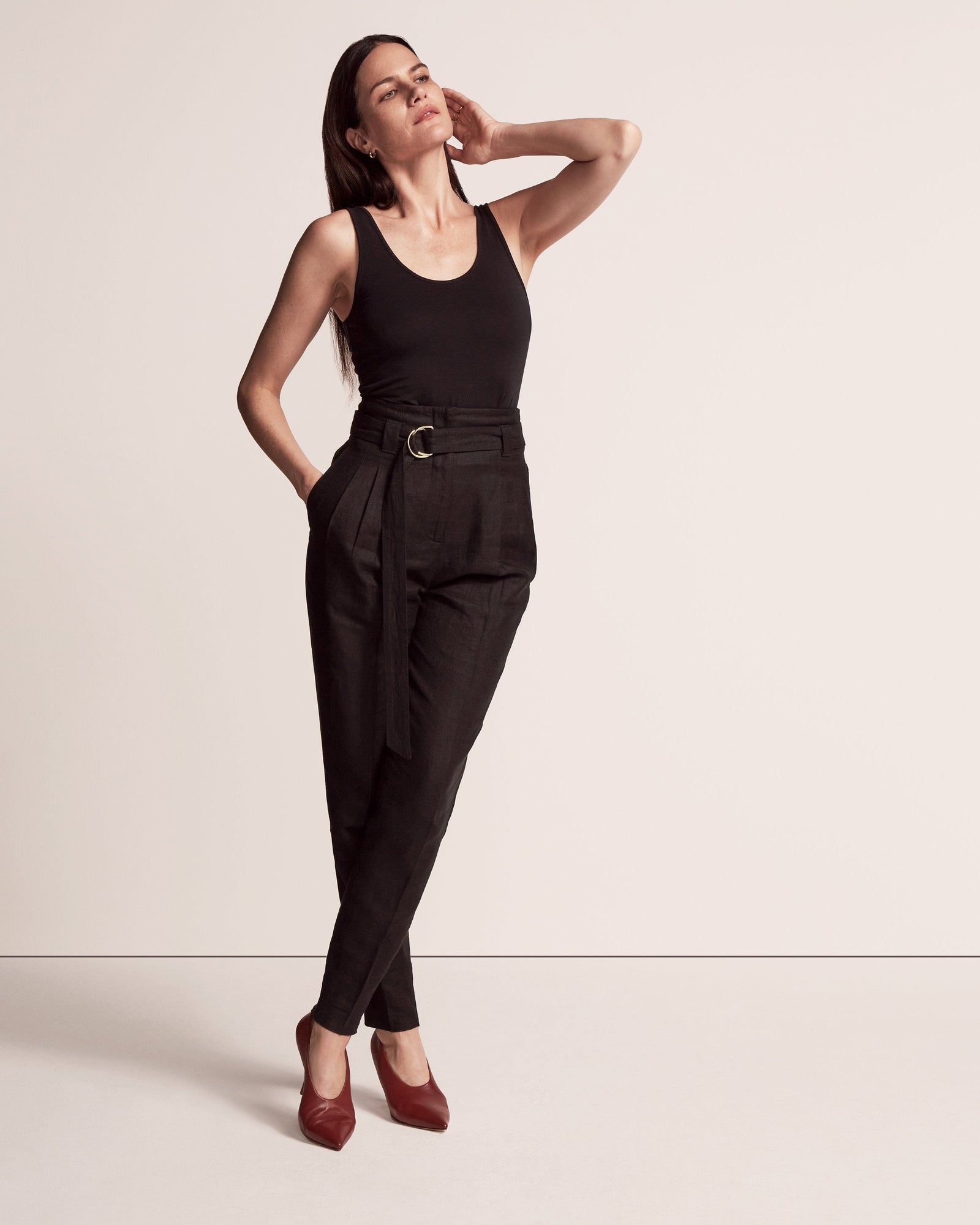 Another Tomorrow Paper Bag Pleated Trouser in Black – Linen Women's Trousers