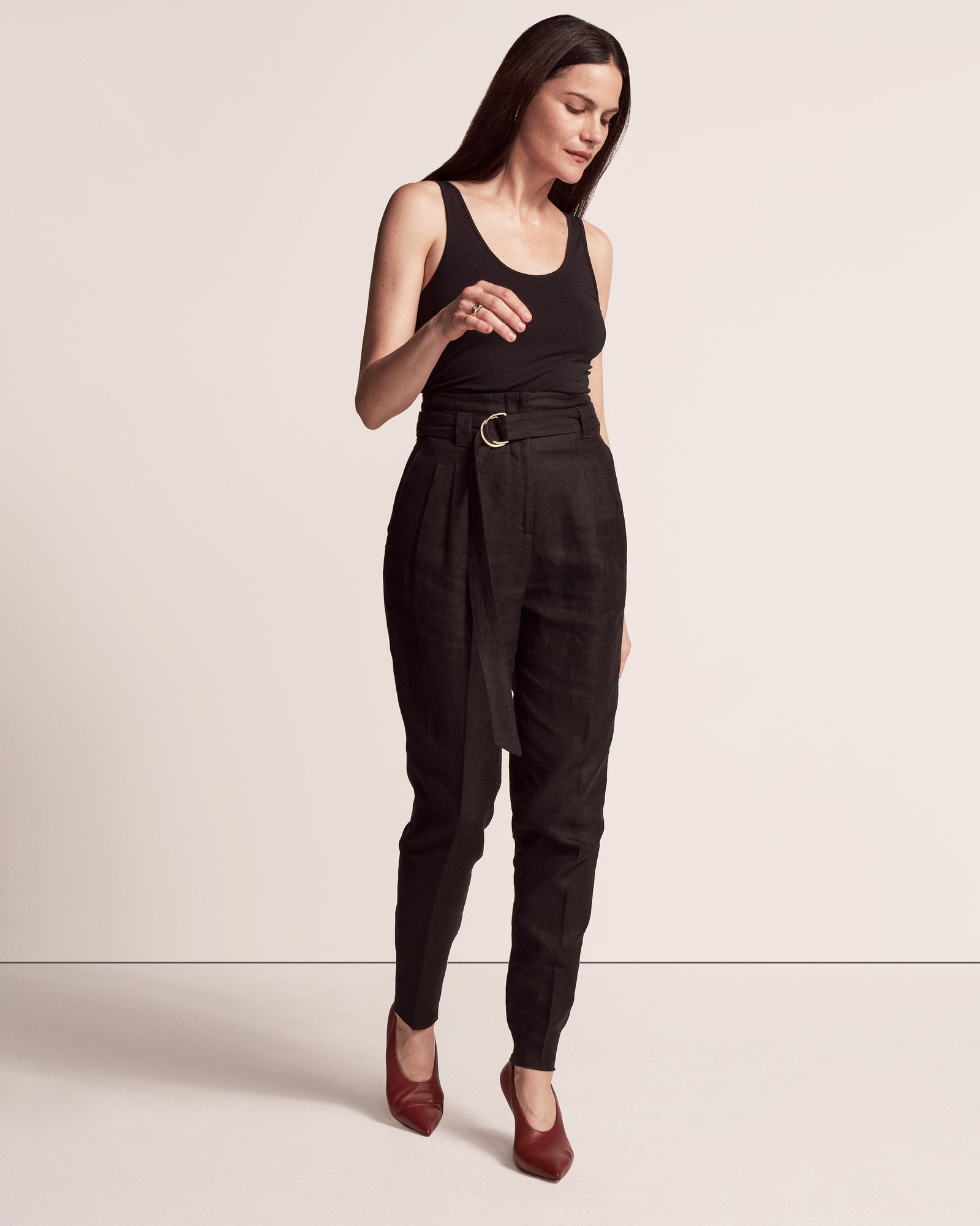 Another Tomorrow Paper Bag Pleated Trouser in Black – Linen Women's Trousers