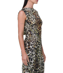 women's sleeveless top with draped cowl back and semi sheer, wide neck top in fall animal print