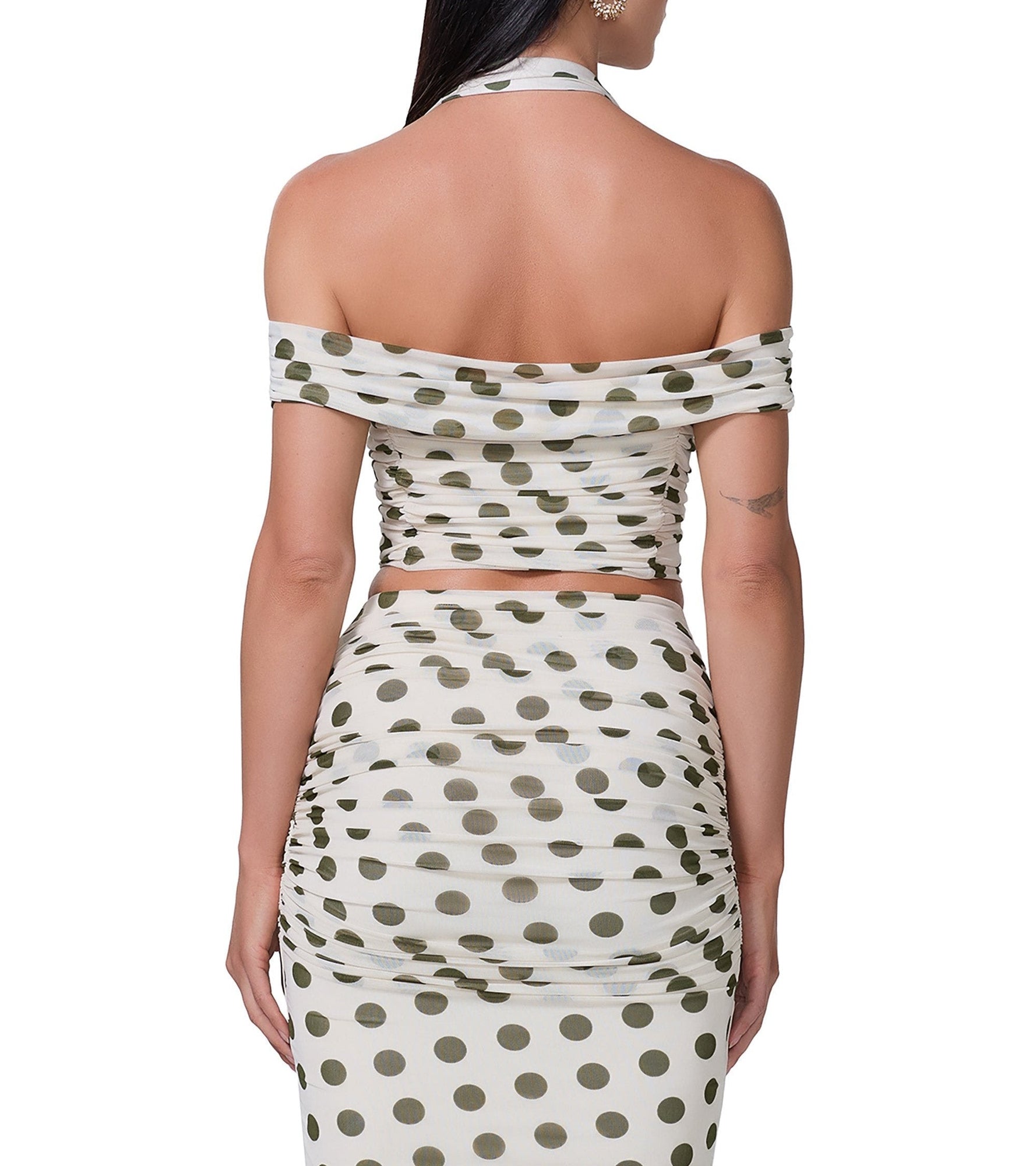 women's halter neck crop top with an off the shoulder neckline in birch dot print