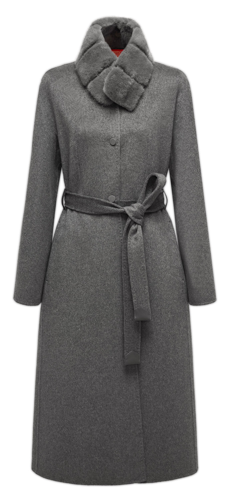 Belted Long Coat with Faux-Fur Collar | Grey