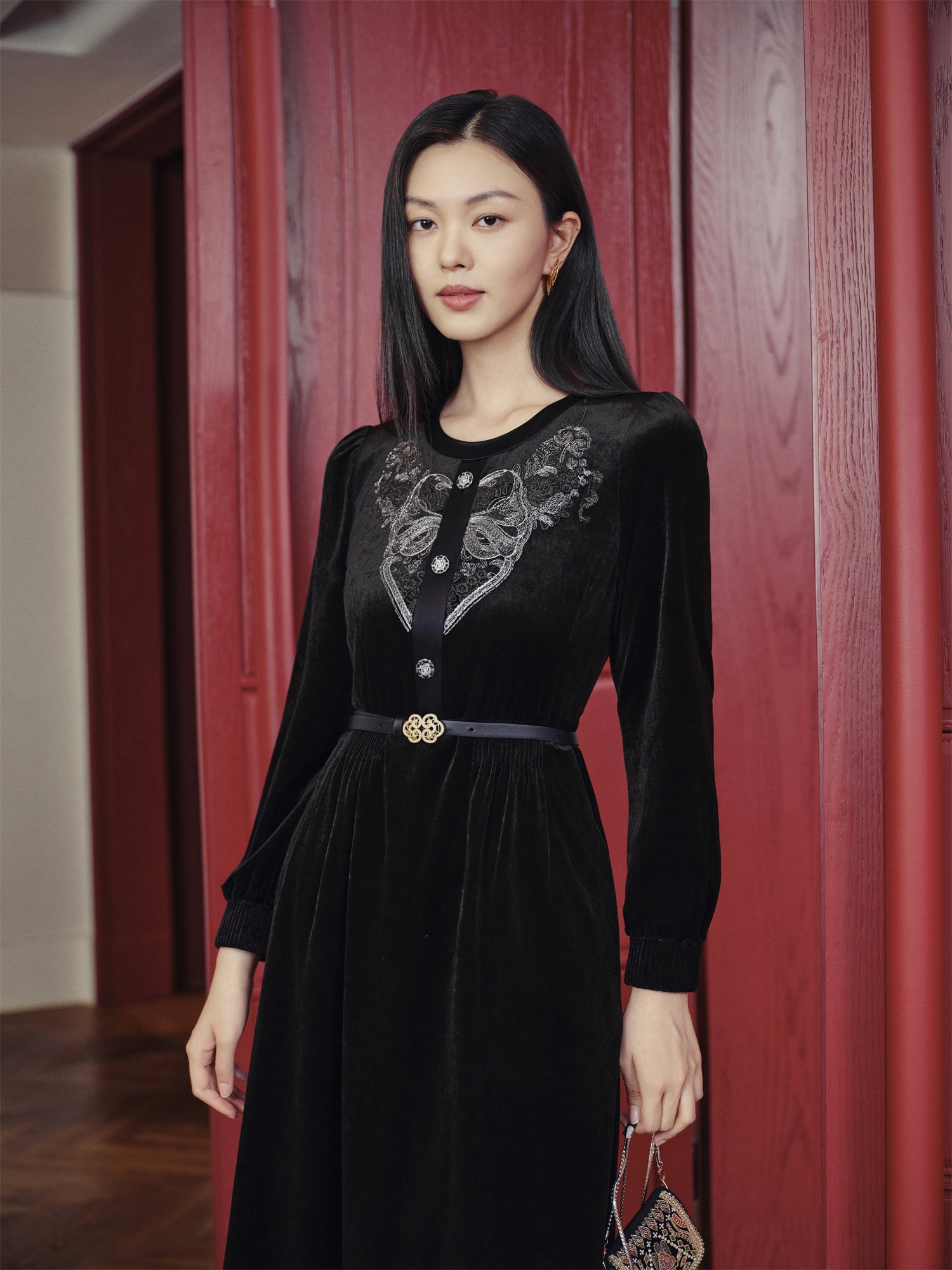 Velvet Embellished Neckline Dress | Black