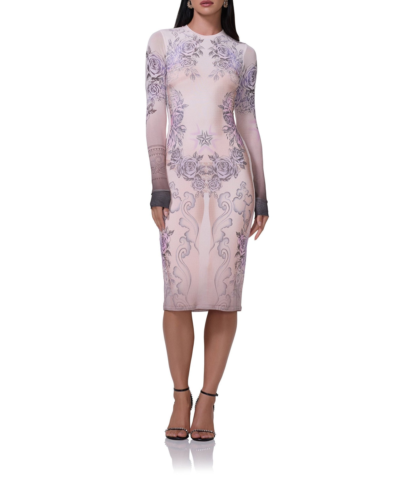 women's midi length mesh dress with long sleeves in lilac tattoo print