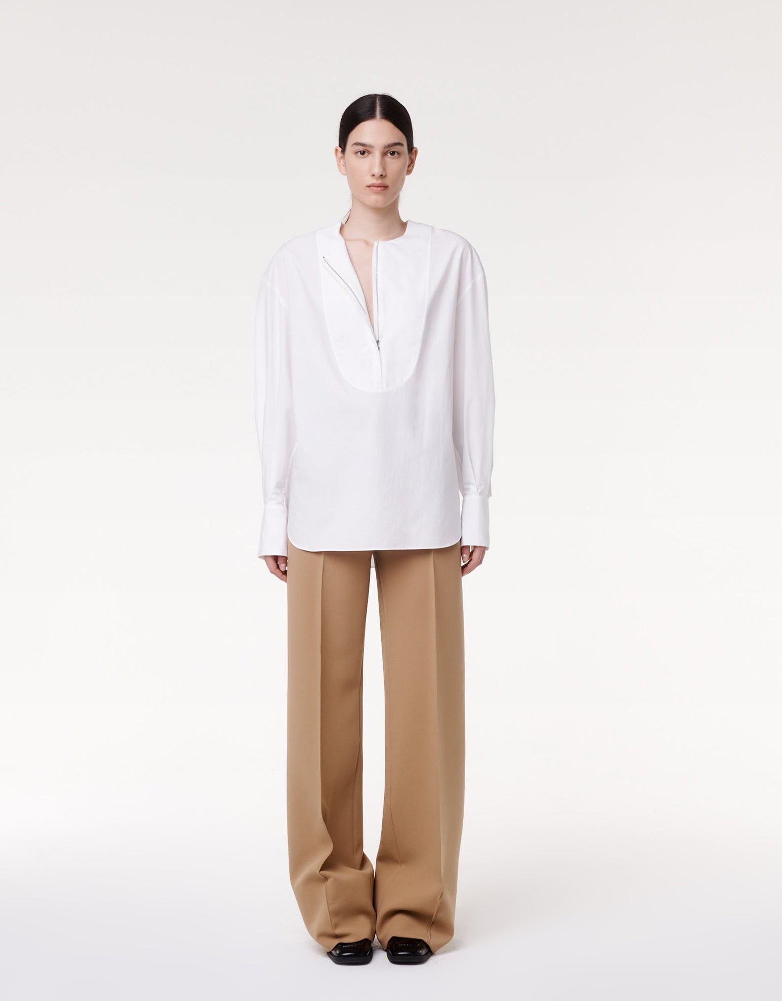 Another Tomorrow Exaggerated Bib Blouse in White – Cotton Women's Top
