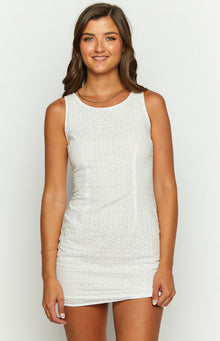 Beginning Boutique Elaine White Embroidery Mini Dress white embroidered sleeveless round neck fitted mini dress