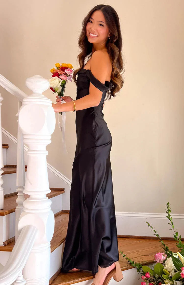 Ella Off Shoulder Formal Maxi Dress | Black
